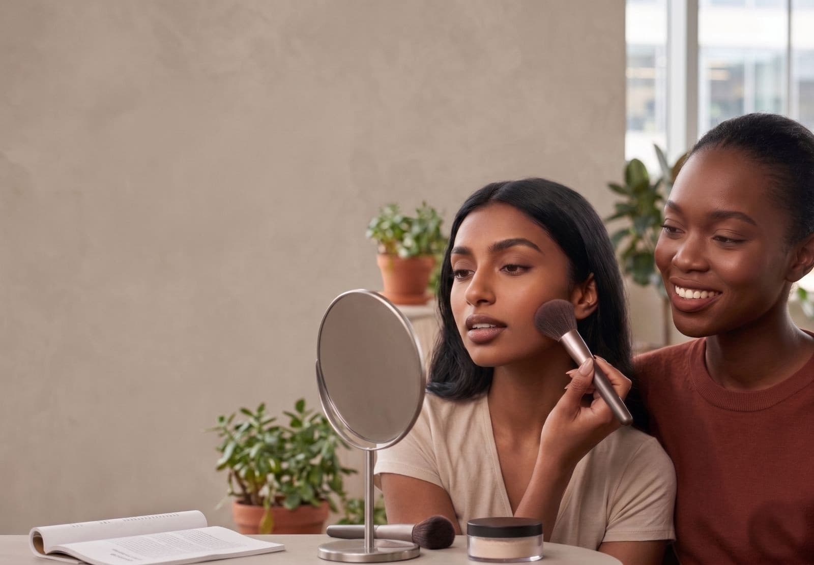 Upsalite® in make-up — close-up of two faces with a soft, matte, blurred-skin finish