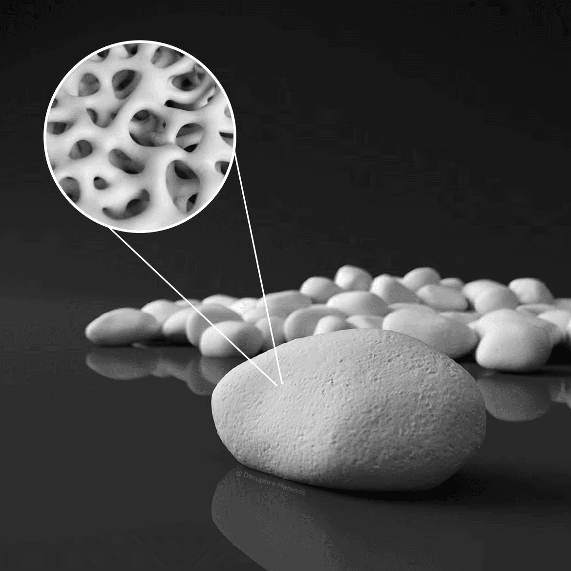 Upsalite® pebble with a magnified view of its mesoporous structure