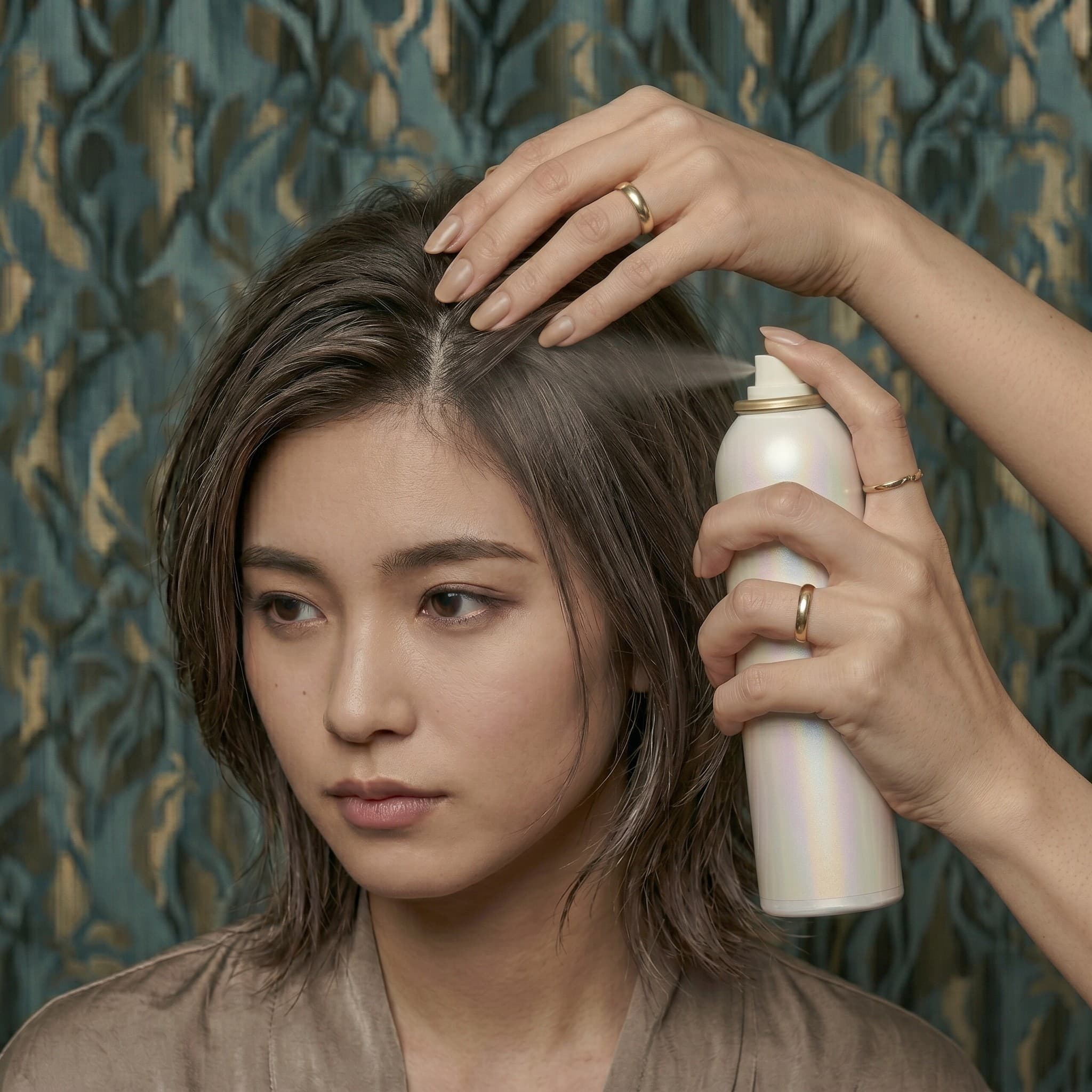 Upsalite® in dry shampoo — woman refreshing her hair roots with a spray