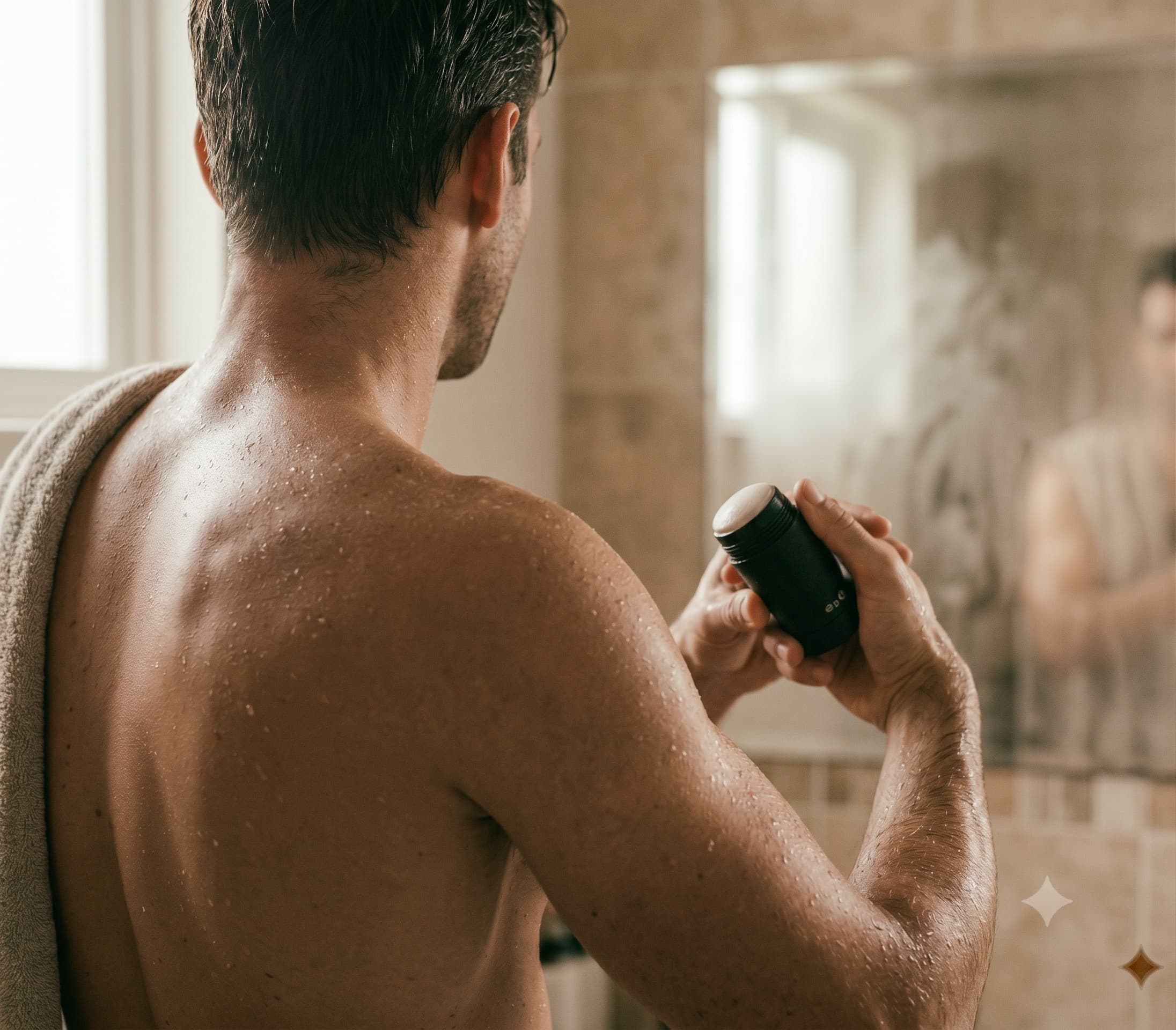 Upsalite® in deodorant — man applying a deodorant stick after showering